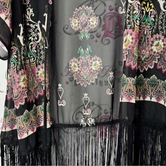 Olive tree cardigan paisley boho tassle hem flowers Black Floral Fringe Kimono - Picture 7 of 8